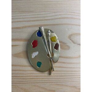 Vintage JJ Artist Palette Brooch Pin Gold Tone With Paintbrush & Paints